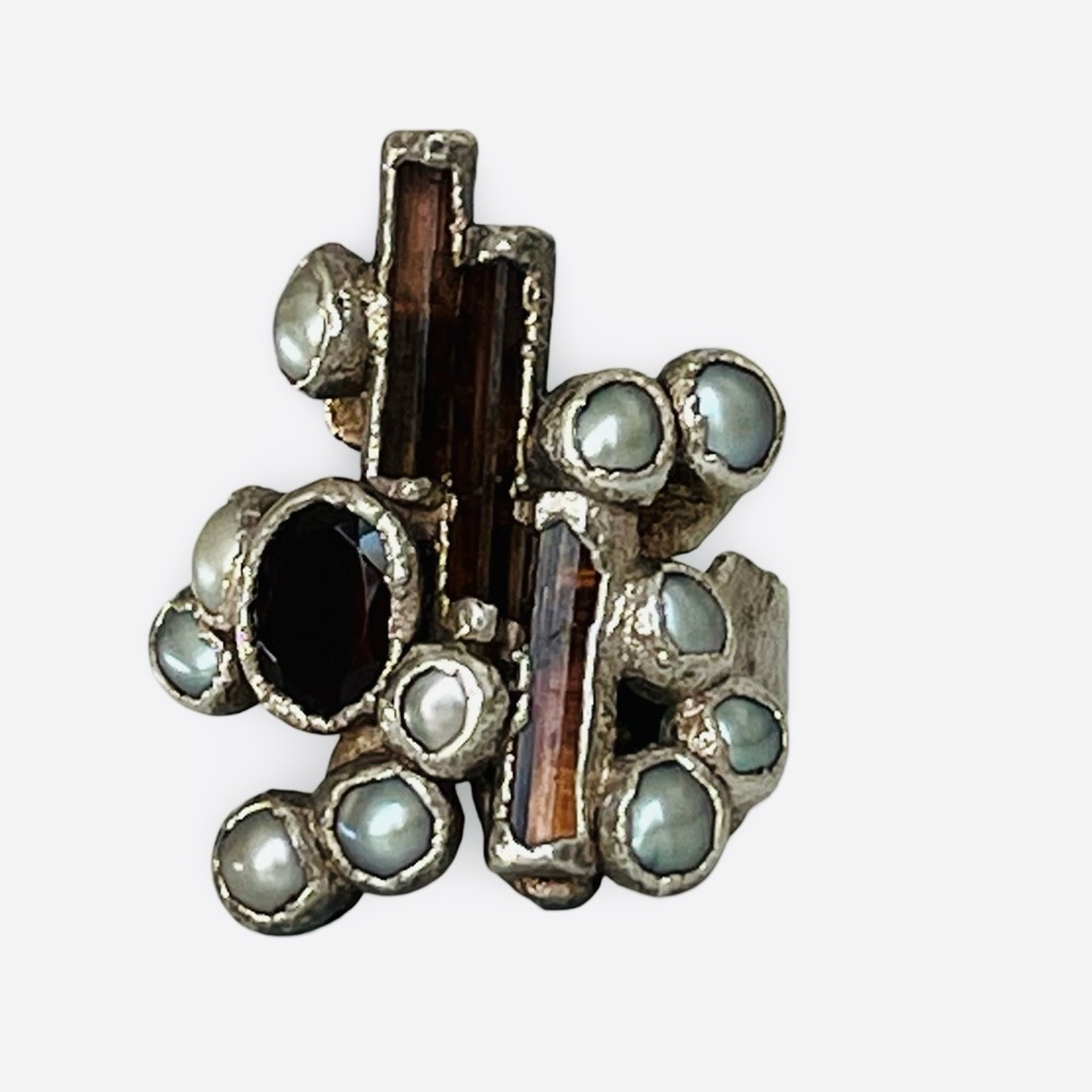 Vintage C + R 99% Pure Silver Pink Tourmaline Pearl Garnet Ring Size 6